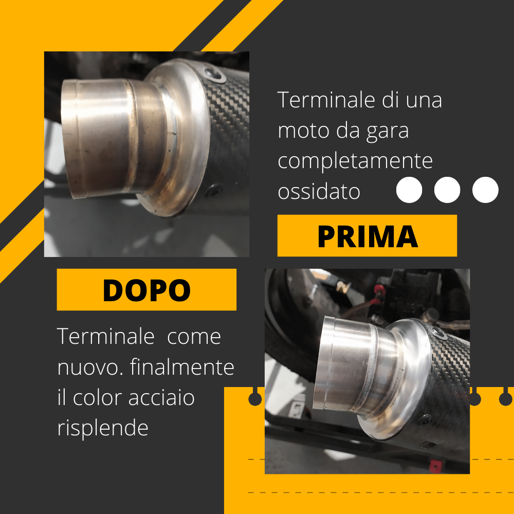 Infografica che mostra una marmitta moto ossidata e poi pulita con il detergente per marmitte Ruthess